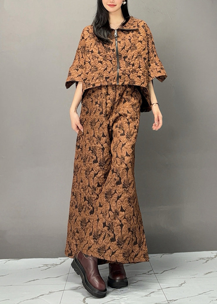 Bohemian Chocolate Print Zippered Top And Wide Leg Pants Two Piece Set Fall