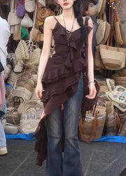 Bohemian Chocolate V Neck Asymmetrical Ruffled Spaghetti Strap Dress Summer