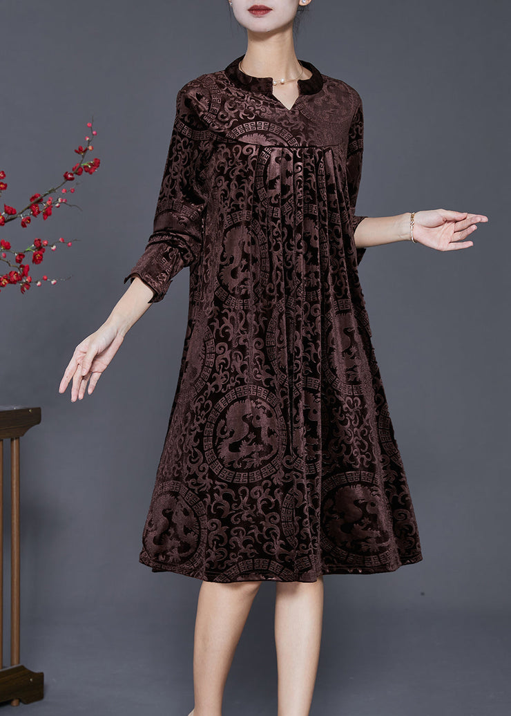 Bohemian Chocolate V Neck Print Silk Velour Maxi Dresses Fall