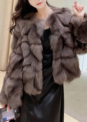 Bohemian Cocoa Colour O-Neck Fuzzy Fur Fluffy Leather And Fur Coats Winter