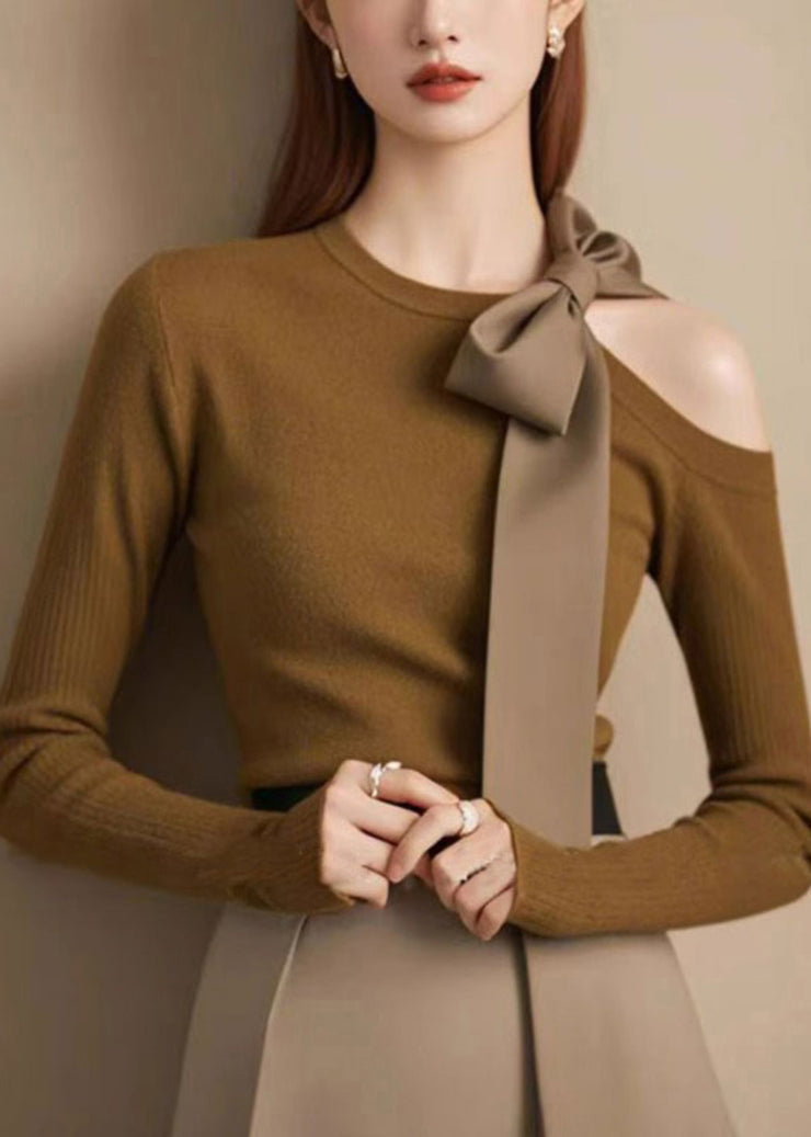 Bohemian Coffee Cold Shoulder Bow Cotton Knitted Sweaters Winter