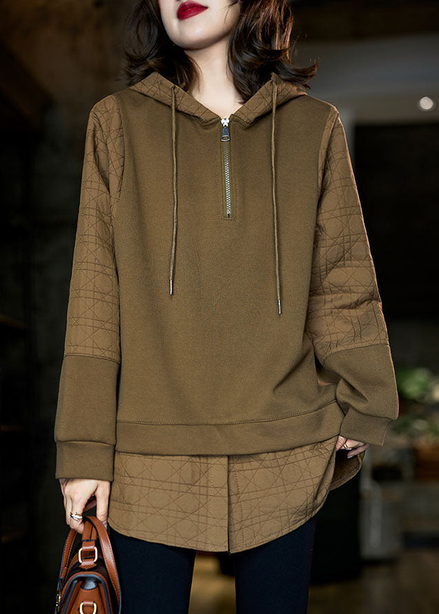 Bohemian Chocolate Hooded Patchwork Cotton Fake Two Piece Sweatshirts Top Winter