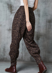 Bohemian Coffee Leopard Print Faux Suede Harem Pants Spring