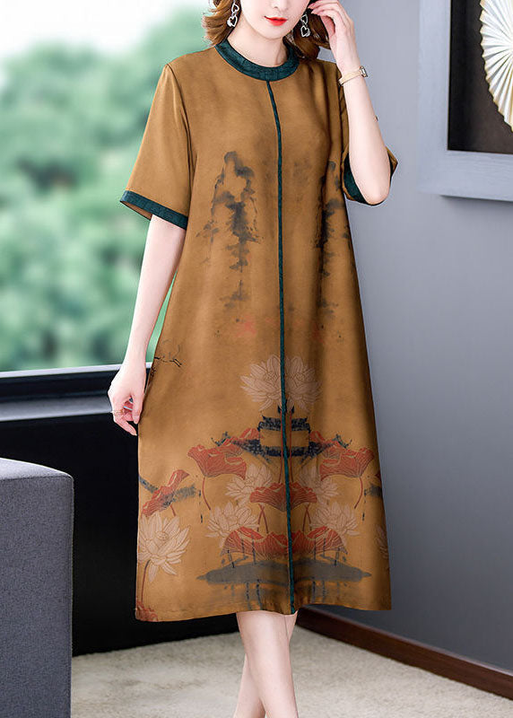 Bohemian Coffee O-Neck Patchwork Silk Long Dress Summer