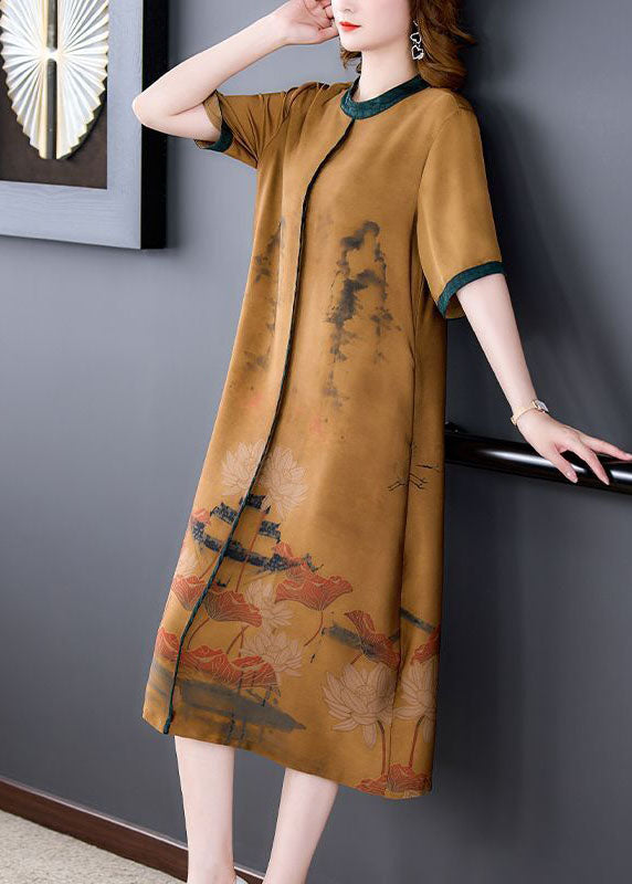 Bohemian Coffee O-Neck Patchwork Silk Long Dress Summer