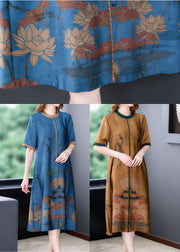 Bohemian Coffee O-Neck Patchwork Silk Long Dress Summer