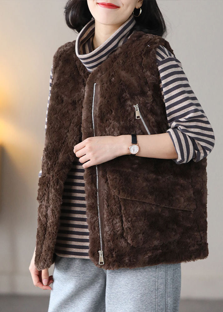 Bohemian Coffee O-Neck Pockets Warm Fuzzy Fur Fluffy Vest Spring