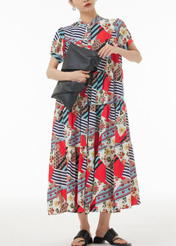 Bohemian Coffee Wrinkled Print Patchwork Chiffon Dress Summer