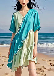 Bohemian Colorblock Asymmetrical Patchwork Ruffled Linen Dresses Summer