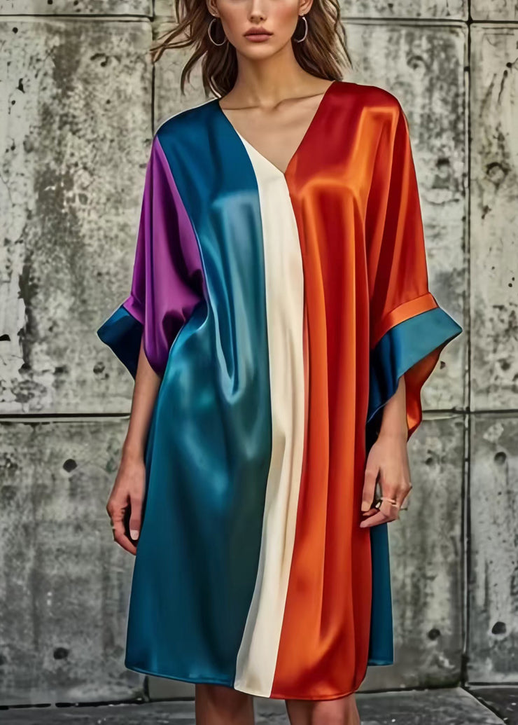 Bohemian Colorblock Asymmetrical Patchwork Silk Day Dress Summer