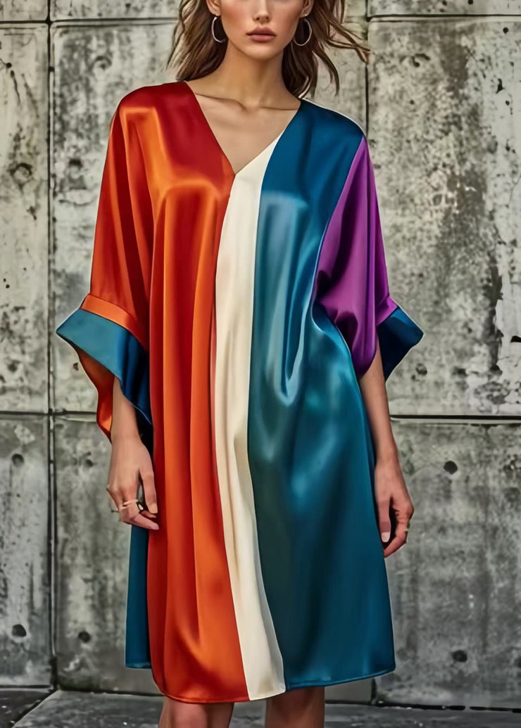 Bohemian Colorblock Asymmetrical Patchwork Silk Day Dress Summer