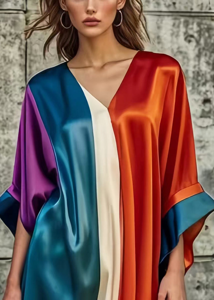 Bohemian Colorblock Asymmetrical Patchwork Silk Day Dress Summer