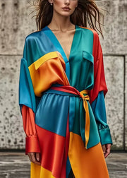 Bohemian Colorblock Asymmetrical Patchwork Tie Waist Silk Dress Spring