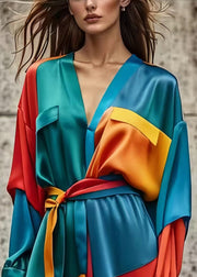 Bohemian Colorblock Asymmetrical Patchwork Tie Waist Silk Dress Spring