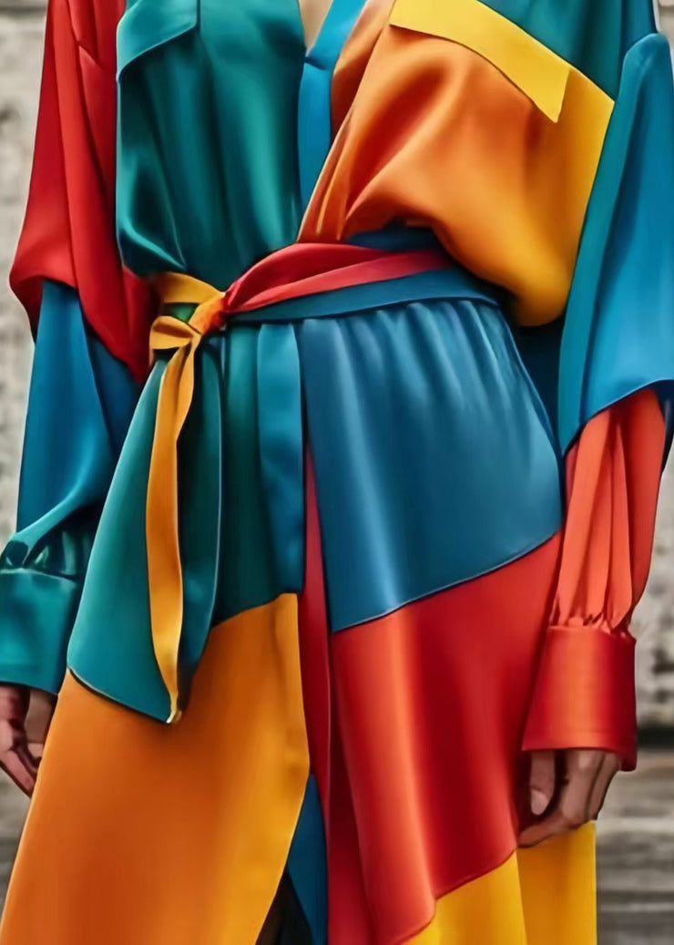 Bohemian Colorblock Asymmetrical Patchwork Tie Waist Silk Dress Spring