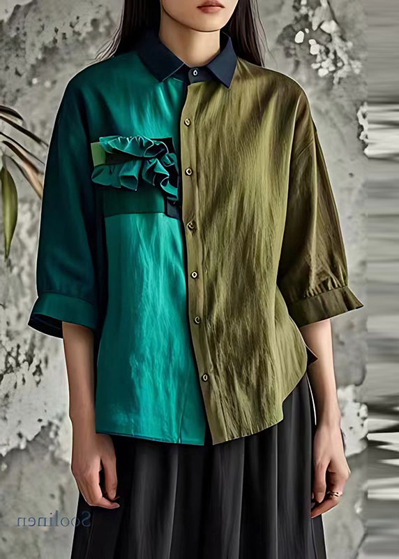 Bohemian Colorblock Asymmetrical Ruffled Linen Shirt Half Sleeve