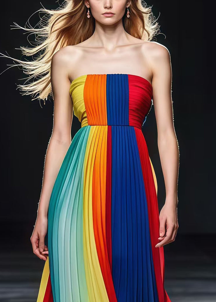 Bohemian Colorblock Bustier Top Silm Fit Chiffon Strapless Pleated Dresses Summer