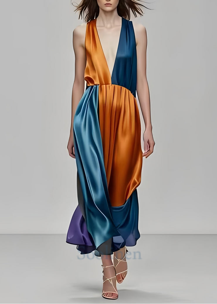 Bohemian Colorblock Deep-V Neck Patchwork Silk Party Dress Sleeveless