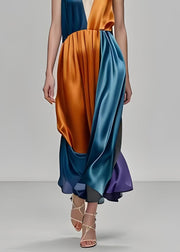 Bohemian Colorblock Deep-V Neck Patchwork Silk Party Dress Sleeveless