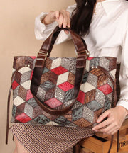 Bohemian Colorblock Geometric Appliqued Calf Leather Tote Handbag