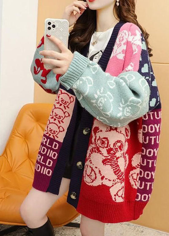 Bohemian Colorblock Oversized Patchwork Jacquard Knit Cardigan Winter