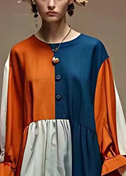 Bohemian Colorblock Oversized Patchwork Linen Dress Flare Sleeve