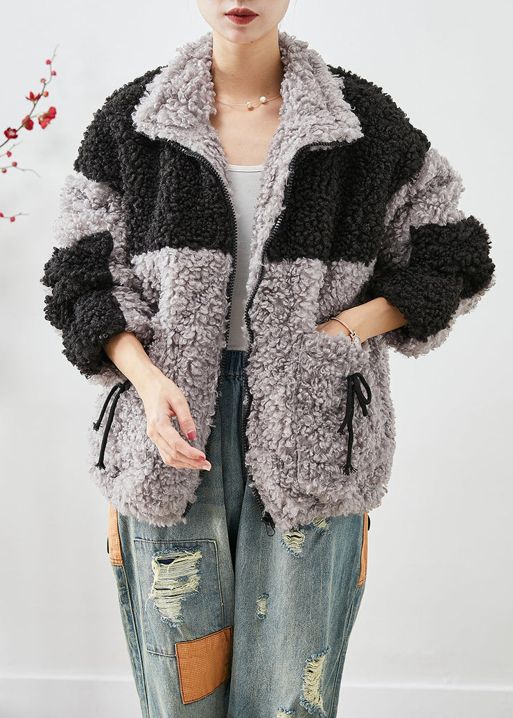 Bohemian Colorblock Oversized Patchwork Pockets Fleece Jackets Winter