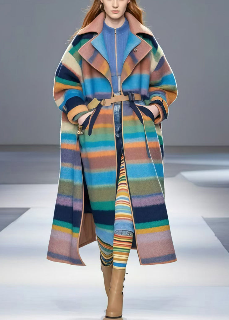 Bohemian Colorblock Oversized Striped Woolen Trench Fall