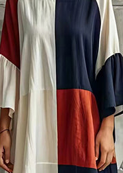 Bohemian Colorblock Patchwork Cotton Beach Dress Flare Sleeve