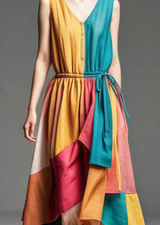 Bohemian Colorblock V Neck Patchwork Cotton Cinched Dresses Summer