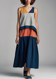 Bohemian Colorblock V Neck Patchwork Cotton Dresses Sleeveless