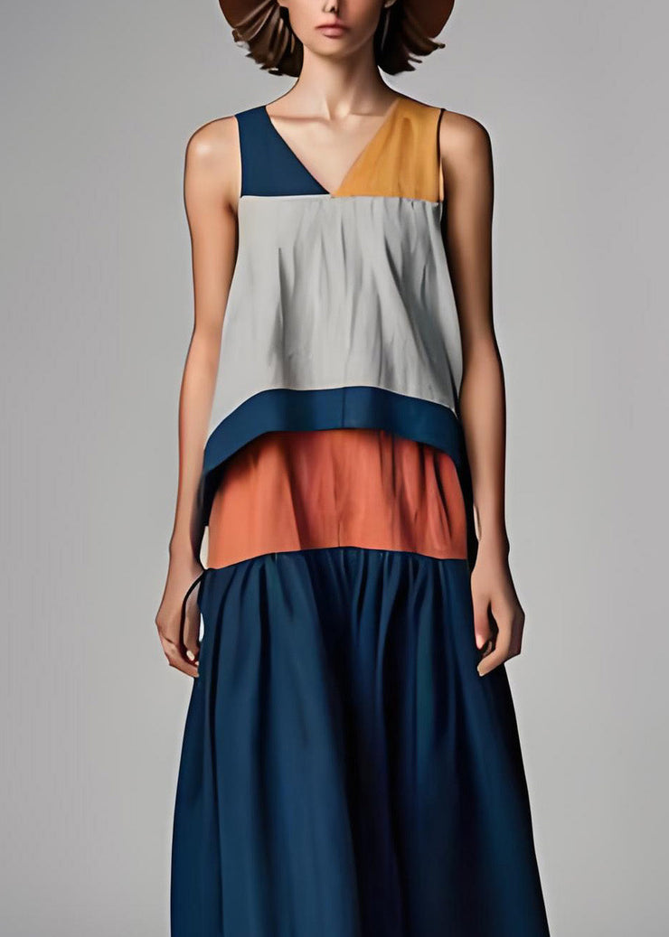 Bohemian Colorblock V Neck Patchwork Cotton Dresses Sleeveless