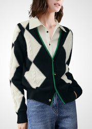 Bohemian Colorblock V Neck Patchwork Plaid Wool Knit Cardigan Winter