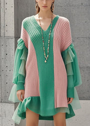 Bohemian Colorblock V Neck Patchwork Tulle Knitwear Dress Fall