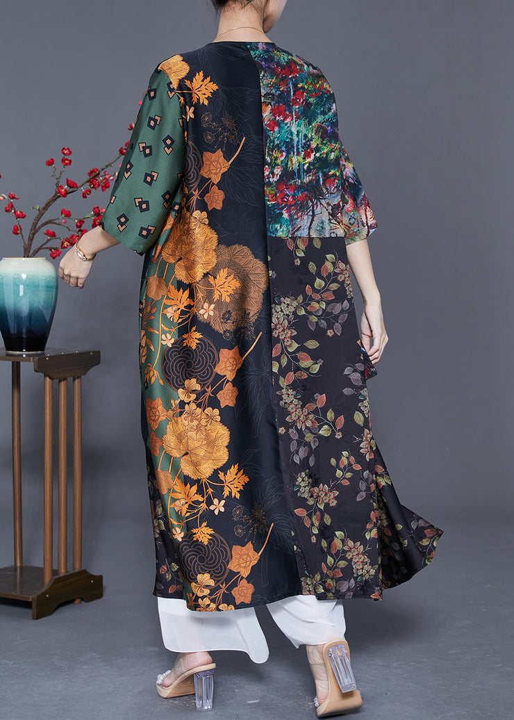 Bohemian Colorblock V Neck Patchwork Wrinkled Print Silk Long Dress Summer