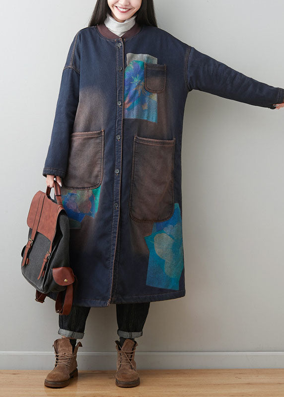 Bohemian Dark Blue Patchwork Pockets Print Warm Fleece Outwear Winter