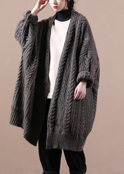 Bohemian Dark Khaki V Neck Cable Knit Sweaters Coats Winter