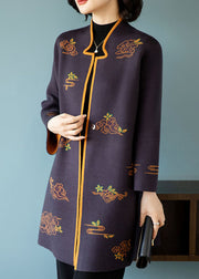 Bohemian Dark Purple Stand Collar Embroideried Patchwork Wool Coats Fall