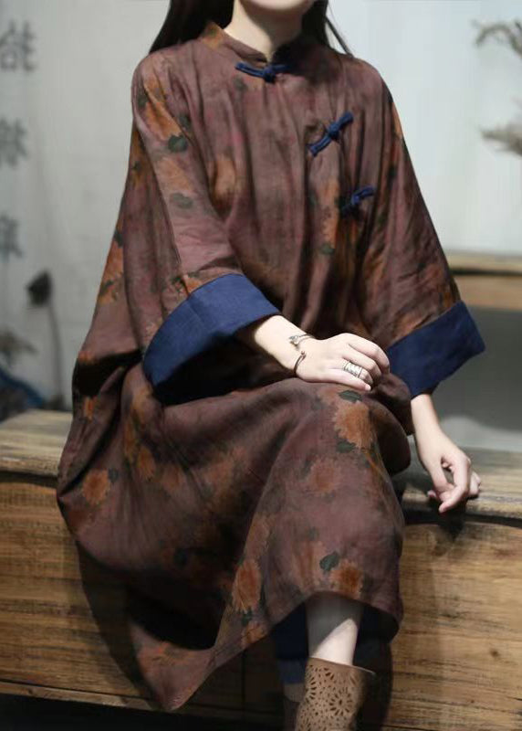 Bohemian Dark Red Stand Collar Print Button Linen Gown Spring