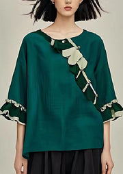 Bohemian Dull Green Oversized Linen Shirt Flare Sleeve