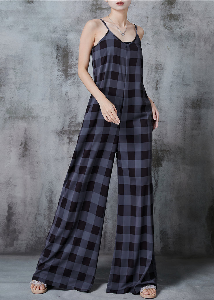 Bohemian Dull Grey Oversized Plaid Chiffon Jumpsuits Summer