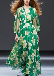 Bohemian Grass Green Cinched Floral Chiffon Maxi Dresses Fall