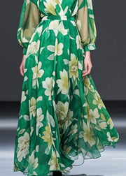 Bohemian Grass Green Cinched Floral Chiffon Maxi Dresses Fall