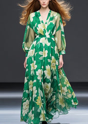 Bohemian Grass Green Cinched Floral Chiffon Maxi Dresses Fall