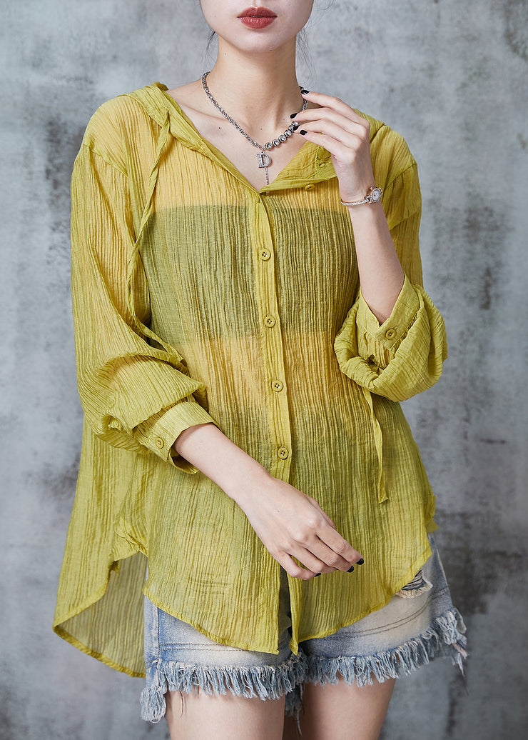 Bohemian Grass Green Hooded Wrinkled Cotton Blouses Summer