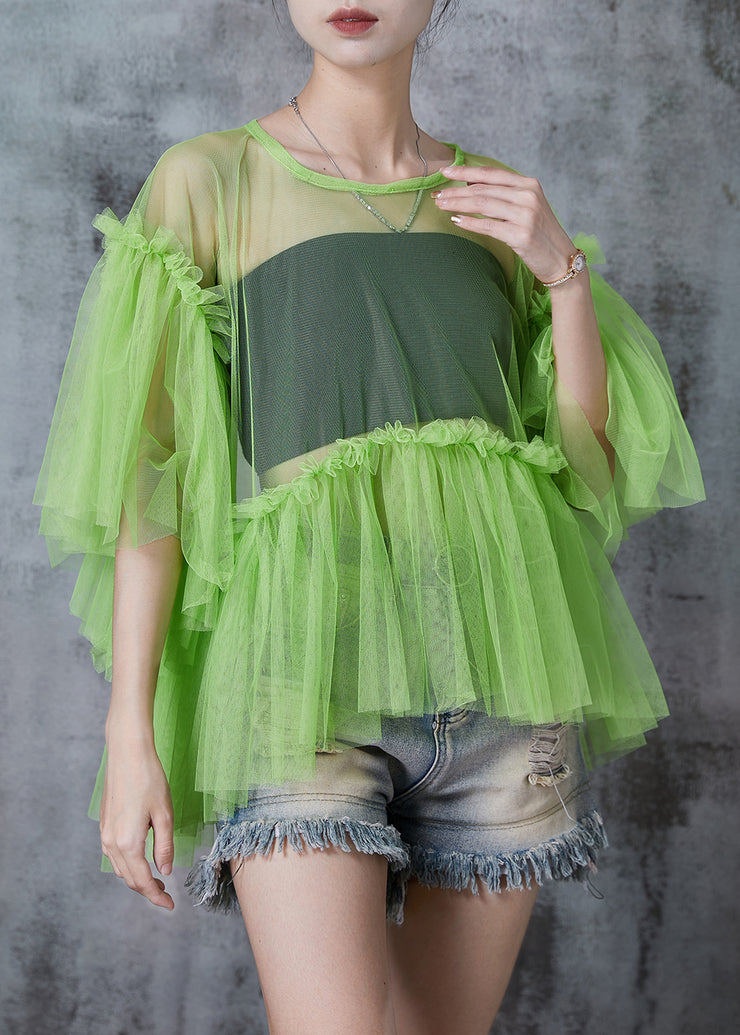 Bohemian Grass Green Patchwork Tulle Shirt Tops Batwing Sleeve