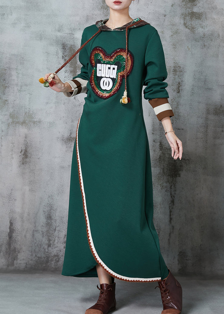 Bohemian Green Bear Sequins Patchwork Cotton Sweatshirt Dress Spring