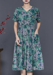 Bohemian Green Cinched Print Cotton Dress Summer