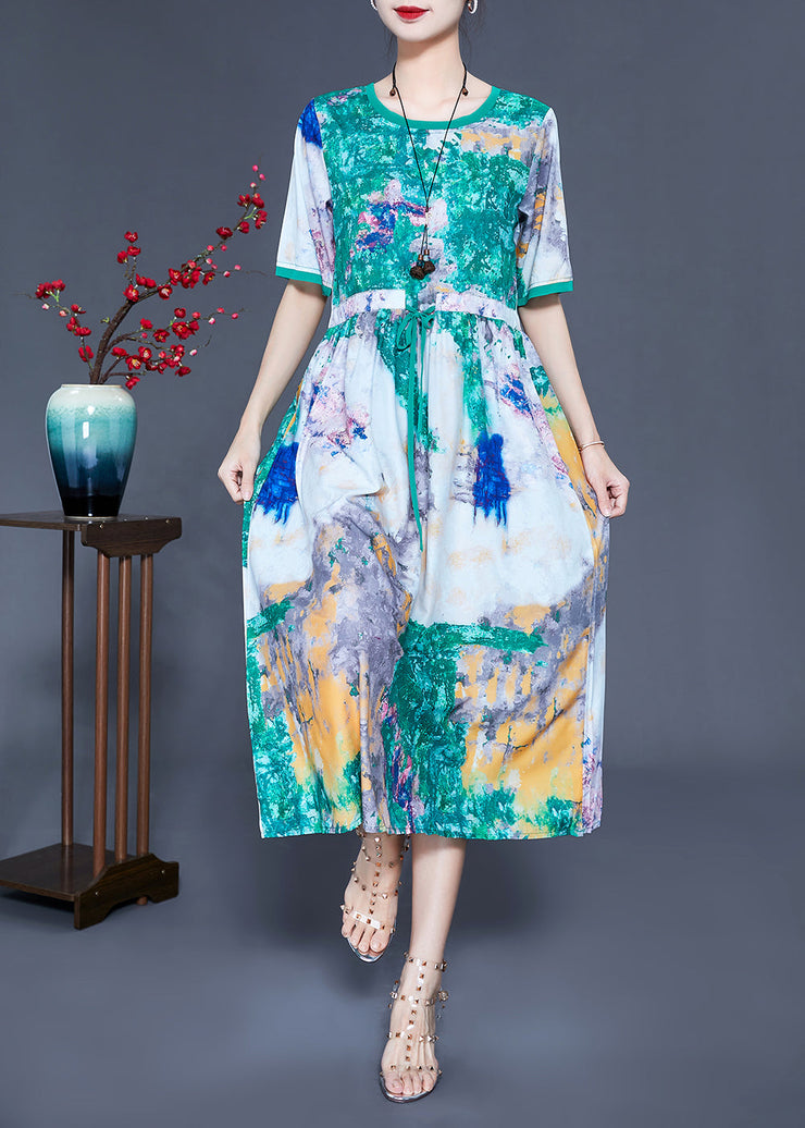 Bohemian Green Cinched Tie Dye Silk Dress Summer