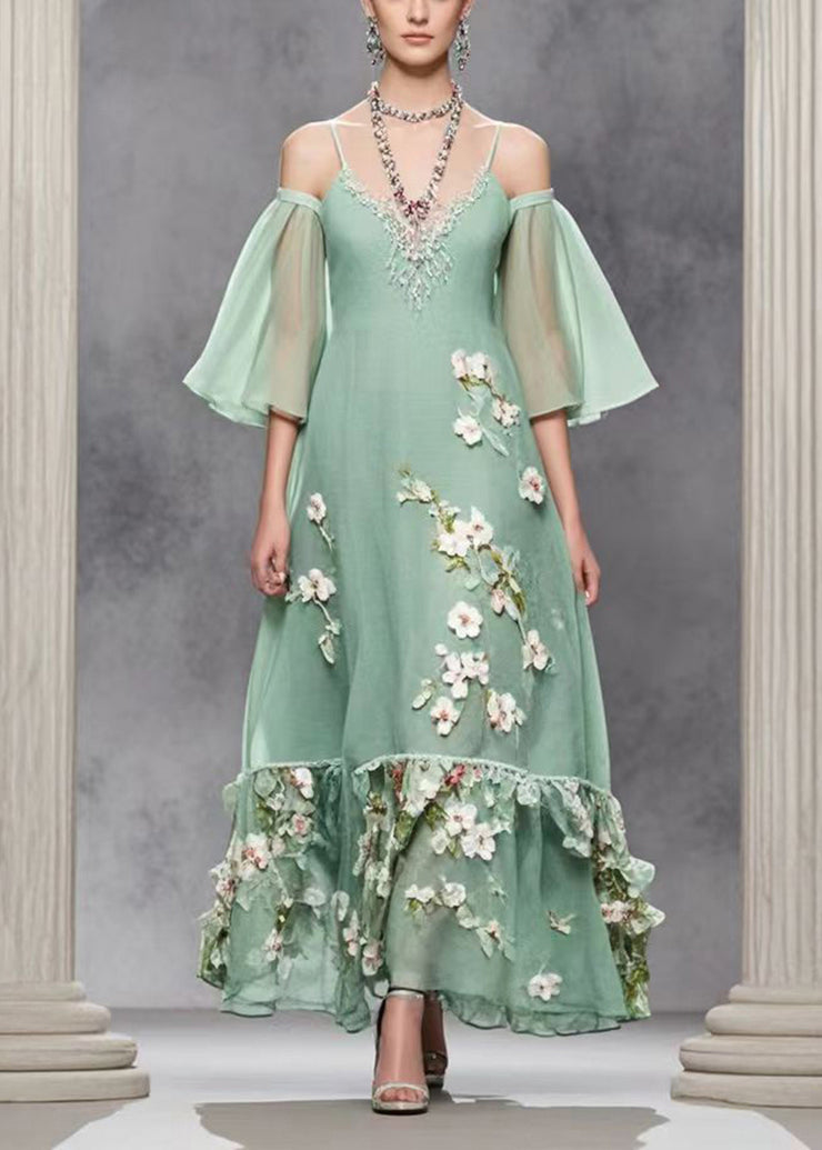 Bohemian Green Cold Shoulder Three-dimensiona Floral Chiffon Dresses Summer